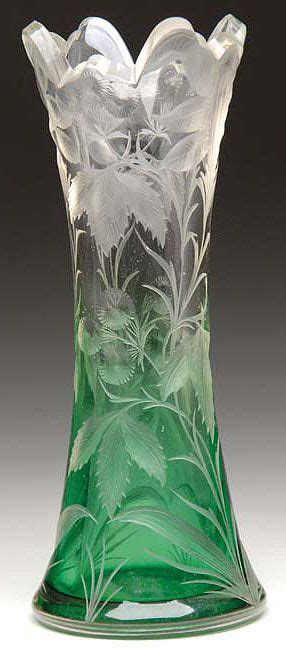 Moser Glass Vase Green To Clear Engraved Floral 9 Inch Moser