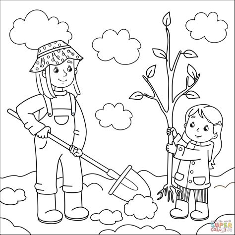 mom  daughter planting  tree coloring page  printable