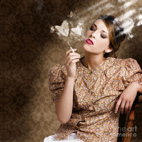 Pinup Portrait Of A Smoking Woman Blowing Hearts