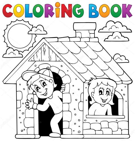 niños de libro para colorear jugando en casa — vector de