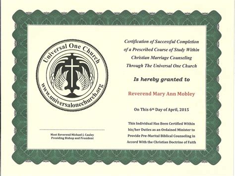 B 3 Certificate Degree Marriage Counselor Universal One Church