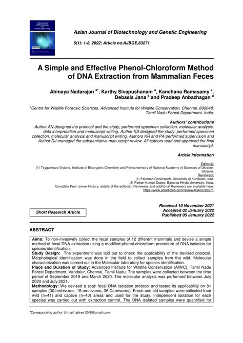 Pdf A Simple And Effective Phenol Chloroform Method Of Dna Extraction