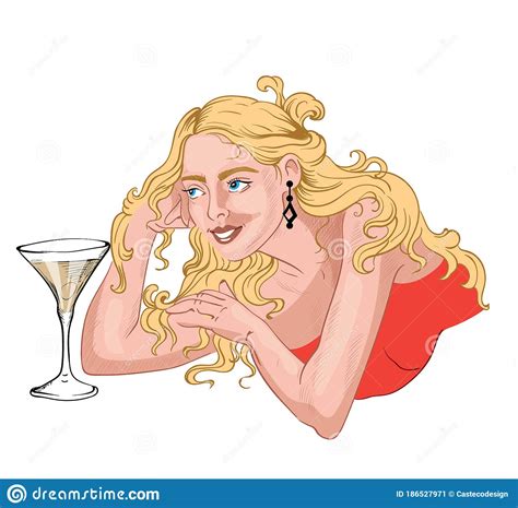 Elegant Woman With Blonde Messy Hair Laying Near A Glass Of Martini