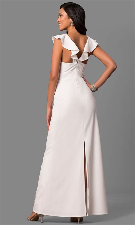 V Neck Long White Formal Dress With Ruffles
