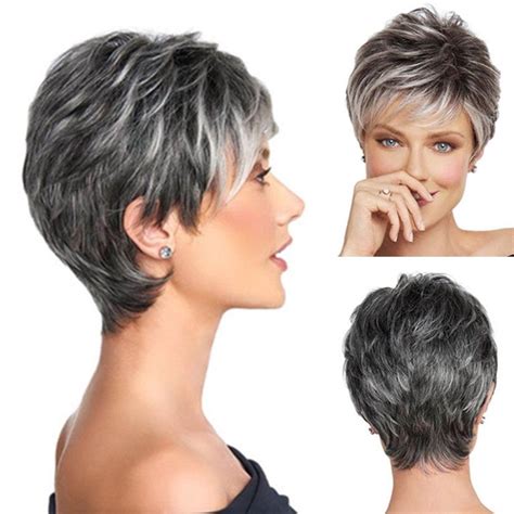 Women Synthetic Short Silver Gray Full Wig Pixie Wig Root Natural