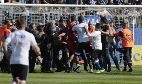 lyon v bastia crowd trouble shocking scenes as fans attack players football sport express
