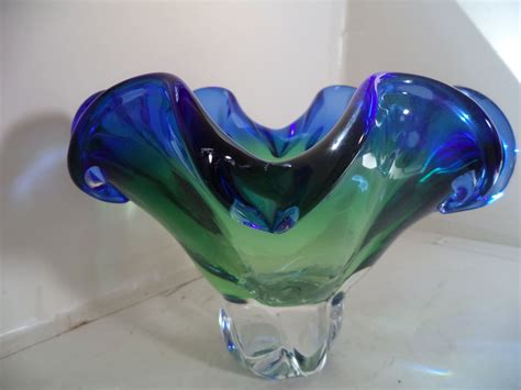 Vintage Art Glass Bowl Blue Green Clear By Delightsbyjudy On Etsy