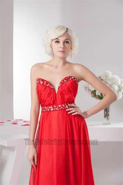 Sexy Red Strapless Beaded Chiffon Prom Gown Evening