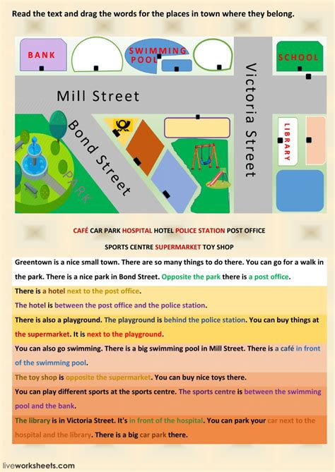 places  town reading comprehension interactive worksheet