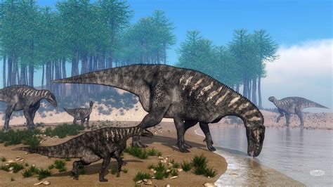 iguanodon dinosaurs herd   shoreline  render elenarts elena duvernay arts