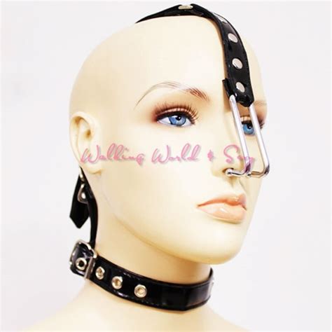 stainless steel nose hook leather sex slave collar fetish head