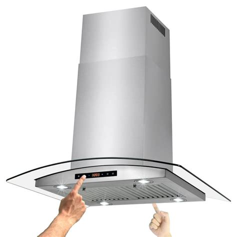 akdy  island mount stainless steel tempered glass kitchen cooking fan range hood vent  dual