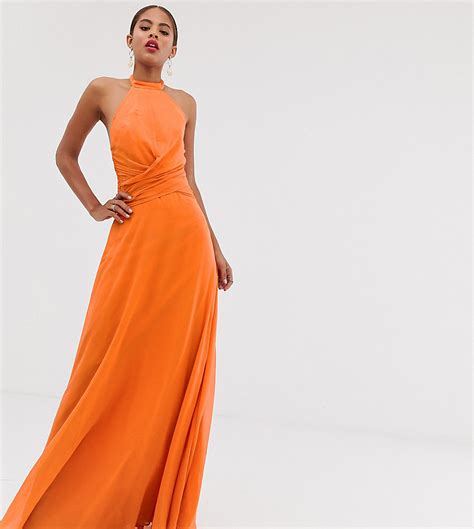 asos design tall hoogsluitende lange jurk met gedrapeerde taille oranje tall fashion