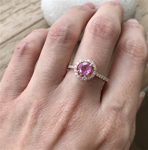 rose gold pink sapphire engagement ring genuine alternative sapphire promise ring halo