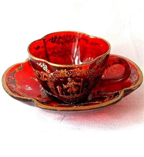 Antique Bohemian Moser Glass Ruby Red Cup And Saucer Antique Moser