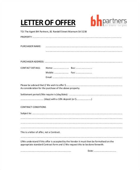 property offer letter templates   word  format