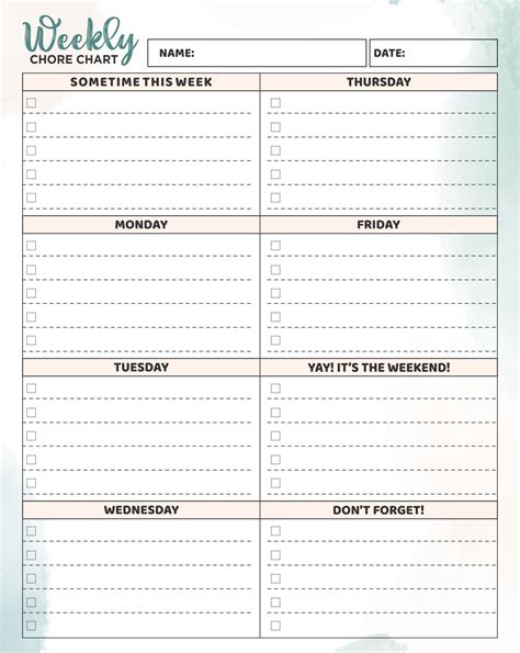 sample weekly chore chart