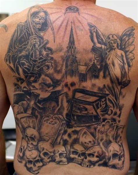 old school black and white creepy cemetery tattoo on whole back with