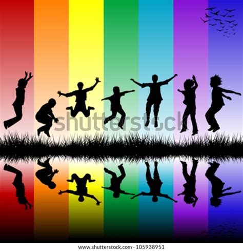 group children jumping  rainbow striped stock vector royalty
