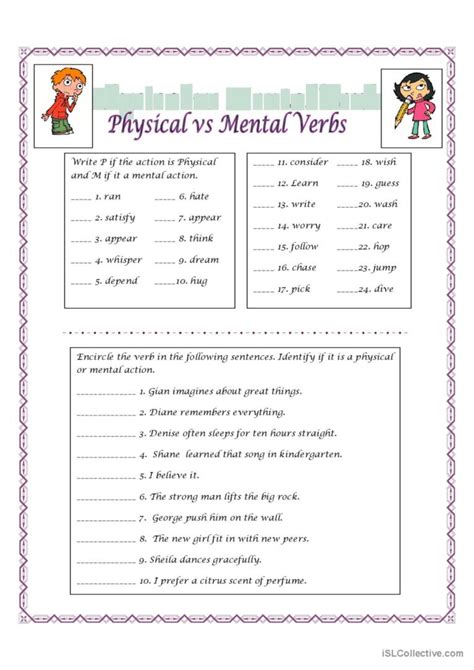 physical  mental action english esl worksheets