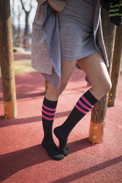 Womens Shiny Dark Stripe Knee High Socks Set Striped Knee High Socks