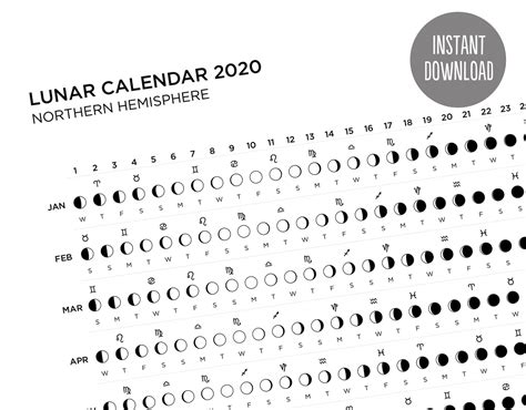 lunar calendar minimal printable moon phases etsy