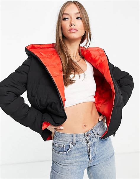 French Connection Lola Padded Jacket With Red Hood In Black Asos
