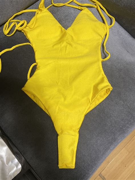 Beach Bum Bikinis Bathing Suit One Piece Push Up Sz L Yellow Spandex