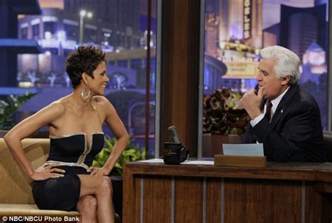 jay leno can t help but stare at halle berry s cleavage as she wears