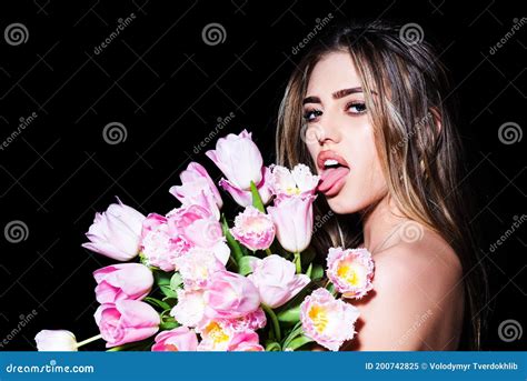 Sensual Girl With Tongue Tulips Kiss Sensual Tongue Licks A Tulip