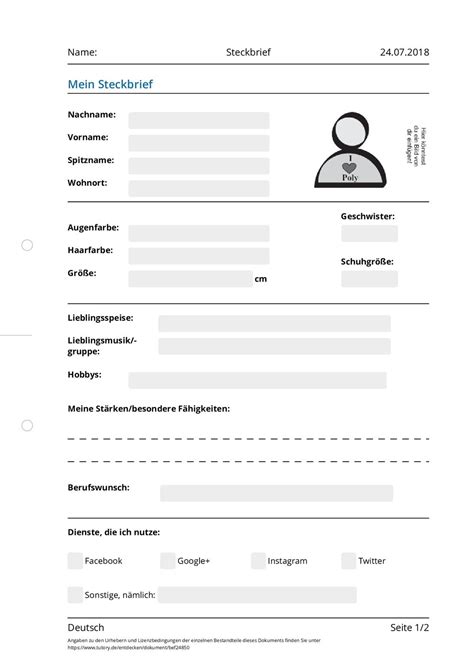 arbeitsblatt steckbrief deutsch sonstige tutoryde