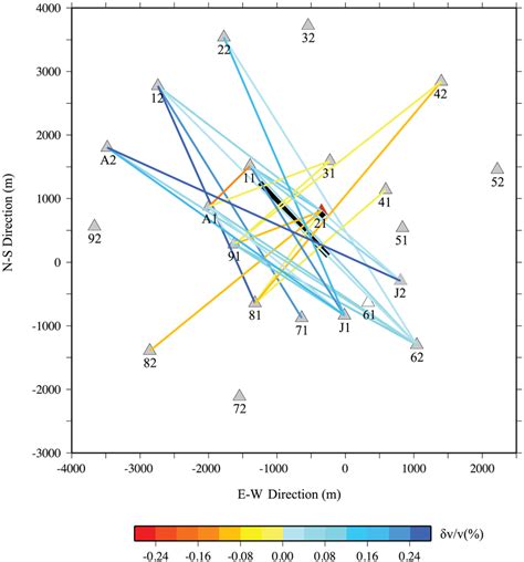 map showing  results   coda wave interferometry measurements  scientific