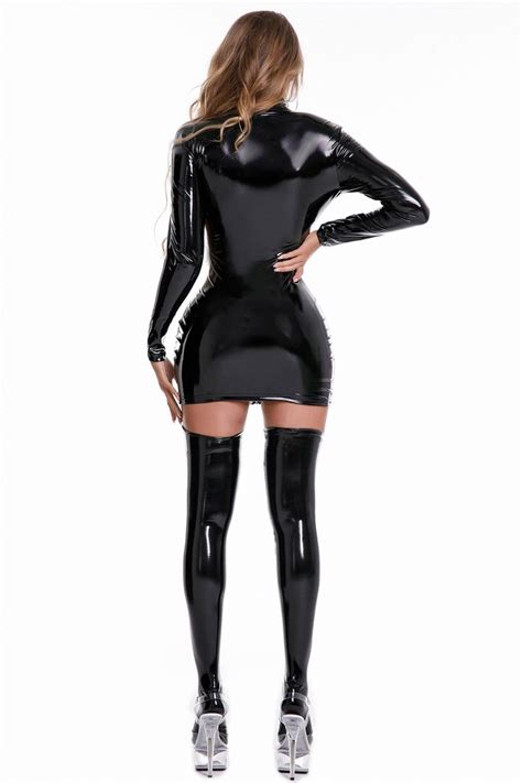 Sexy Zipper Open Bust Tight Mini Dress For Women Shiny Faux Leather La