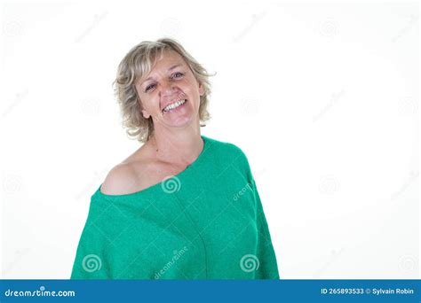 Happy Pretty Blond Cute Mature Woman Confident Smiling On White