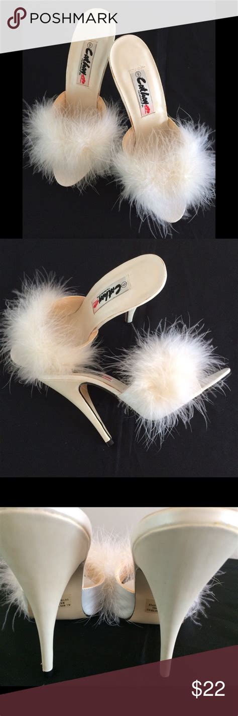 marabou satin white slip on 5” heel slippers nwt with