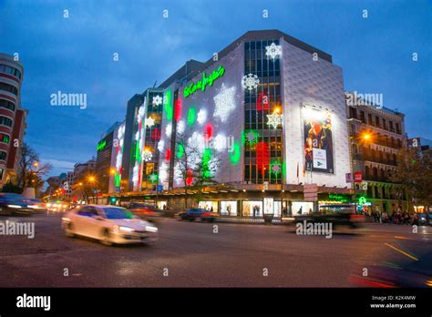 el corte ingles shopping center  christmas night view goya street madrid spain stock photo