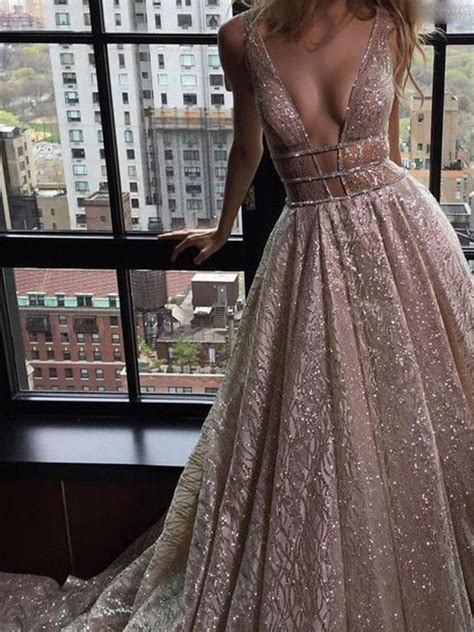 2019 A Line Deep V Neck Tulle Sequins Floor Length Long Sexy Party Pro