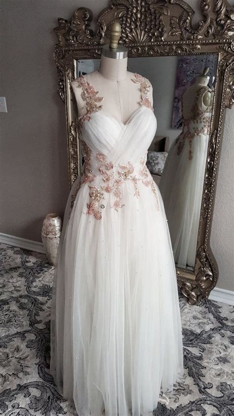 olivia gold  blush floral embroidered beaded   wedding dress tulle ball gown unique