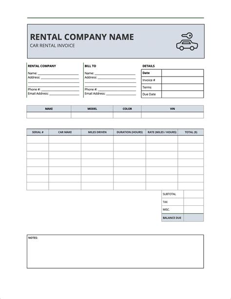 car rental invoice template  word excel