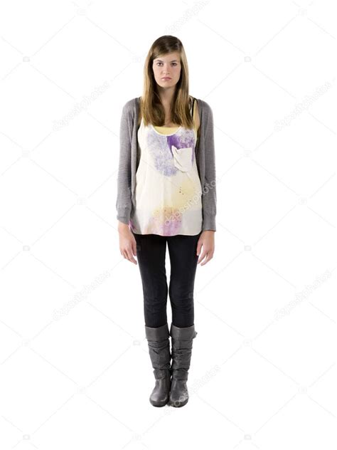 view   female standing straight  white background stock
