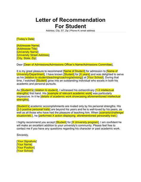 sample letter  recommendation  student template geneevarojr