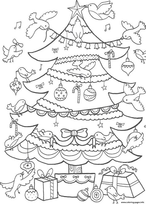 birds decorating christmas tree  coloring page printable