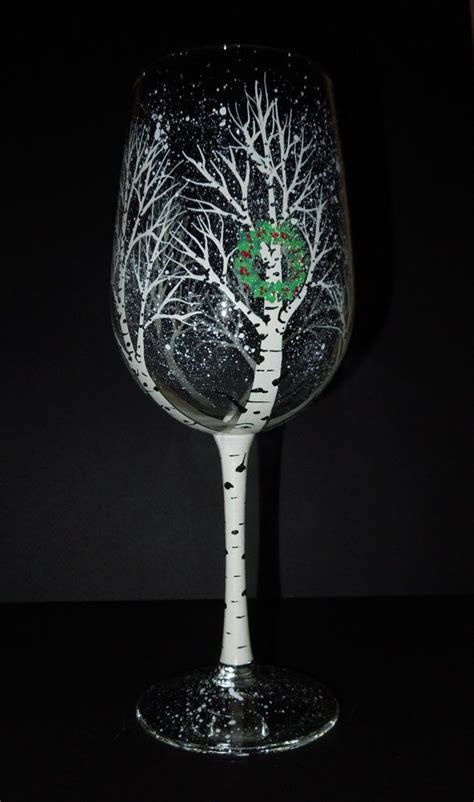 Christmas Winter Aspen Tree Wine Glasses Large Painted Wine Glasses