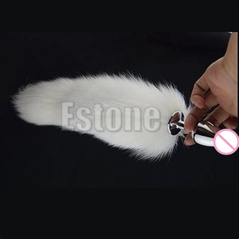1pc white fox tail butt metal plug 35cm long anal adult product sex toy