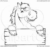 Horse Coloring Happy Looking Over Sign Outline Illustration Blank Royalty Clipart Wood Rf Toon Hit Background Transparent sketch template