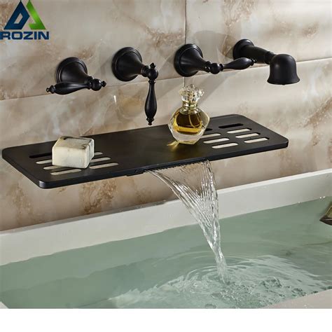 oil rubbed bronze wall mounted bathroom tub faucet waterfall spout  soap dish hand shower