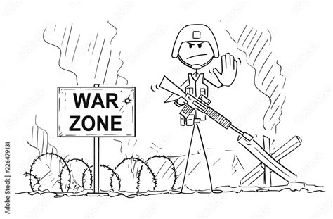 cartoon stick drawing conceptual illustration  modern soldier  full