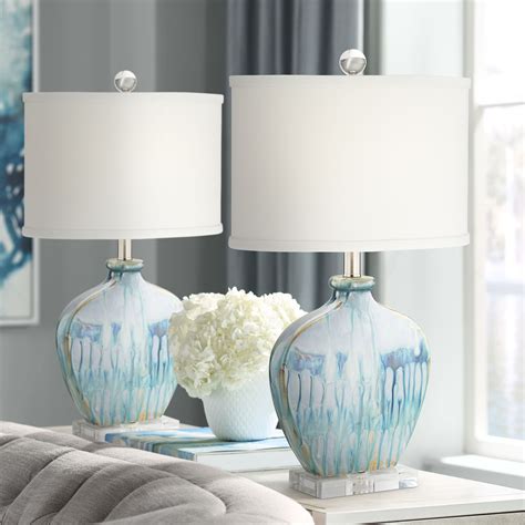 possini euro design coastal table lamps set   ceramic blue drip  white oval shade