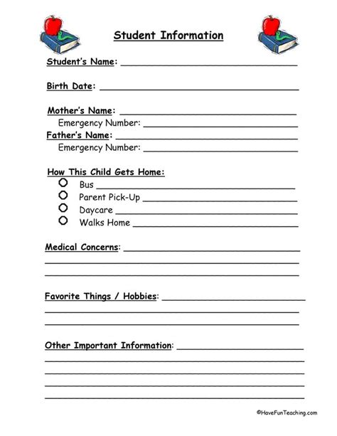 student information sheet printable personalize   student