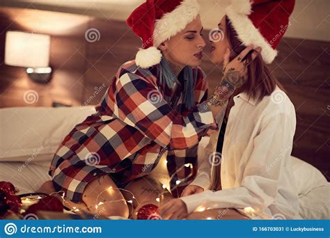 Two Lesbians Kissing On Christmas Eve Stock Image Image Of T